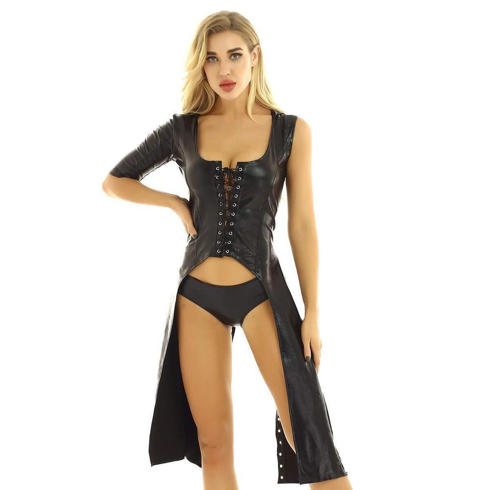 3906 Sexy Leather Hooded Lace Up Gothic Catsuit Dress Clubwear Costume
